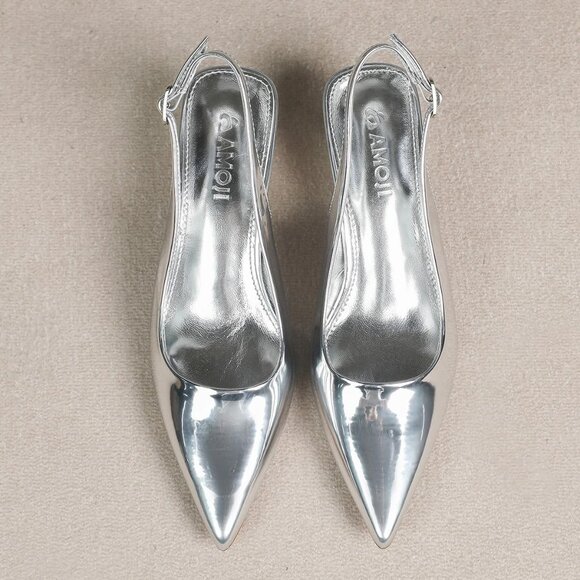Amoji Women Silver-pu Polyurethane Low Kitten Heel Slingback Pointed Toe Sandals - Picture 5 of 9